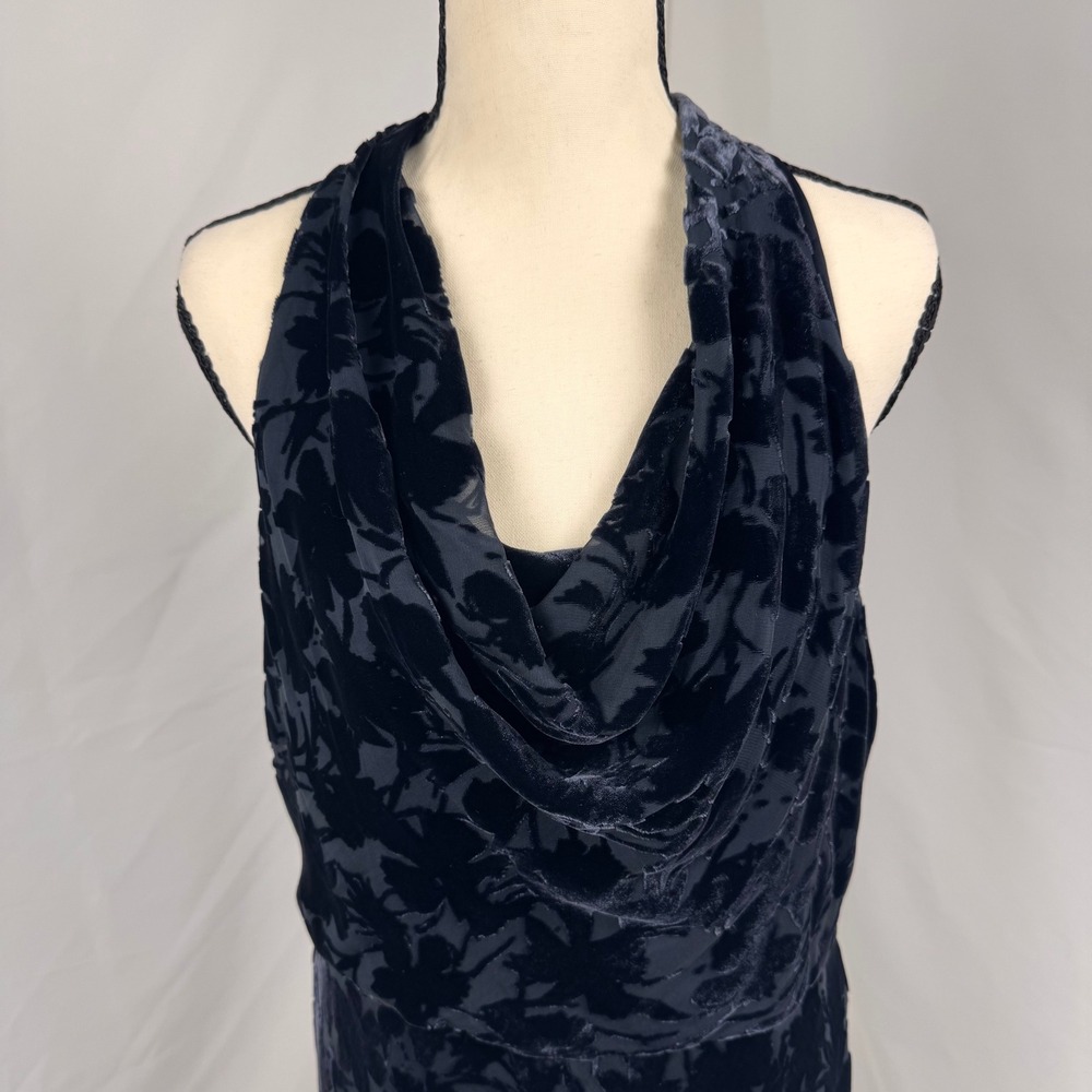 Elie Tahari Dress Women 14 Navy Blue Silk Blend Burnout Velvet Cowl Neck Midi - Picture 3 of 7